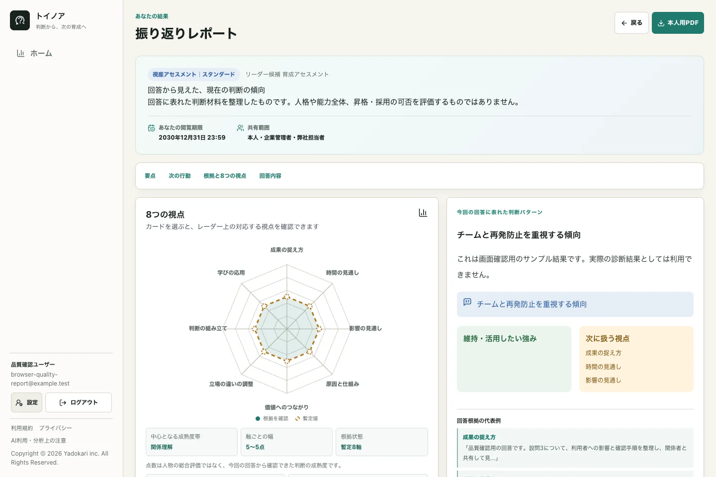 トイノアの本人向け振り返りレポート画面例